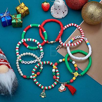 9Pcs 9 Style Word Happy Christmas Handmade Polymer Clay Heishi Surfer Stretch Bracelets Set with Acrylic BJEW-SW00070-1