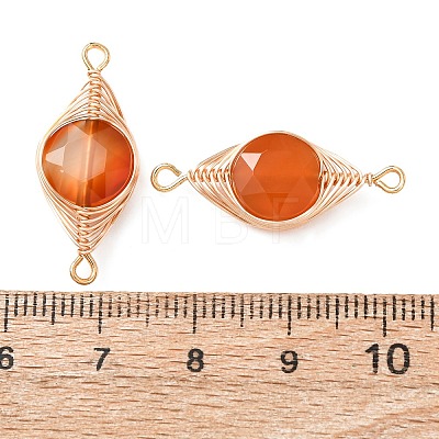 Natural Carnelian Faceted Hexagonal Cut Flat Round Links Connector Charms with Copper Herringbone Wire-Wrapped KK-Z152-07G-03-1