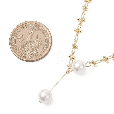 White Round Shell Pearl Pendant Brass Oval Link Chain Necklaces for Women NJEW-JN05695-1