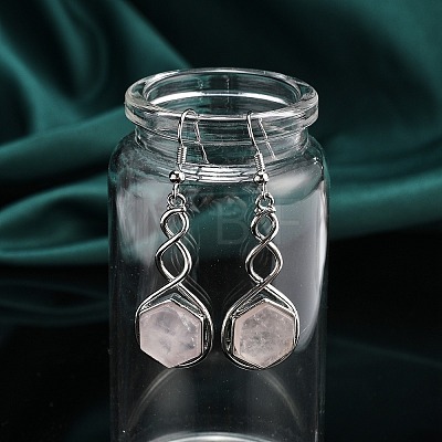 Hexagon Natural Rose Quartz Dangle Earrings EJEW-K298-01P-09-1