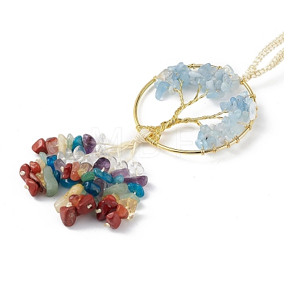 Natural Aquamarine Tree of Life with Mixed Gemstone Chips Tassel Big Pendant Decorations HJEW-H057-03G-A04-1