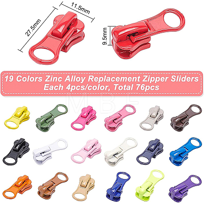 BENECREAT 76Pcs 19 Colors Zinc Alloy Replacement Zipper Sliders FIND-BC0002-26-1