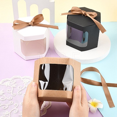 10Pcs Hexagon Kraft Paper Cake Boxes with Visual Window and Ribbon CON-YW0001-88A-1