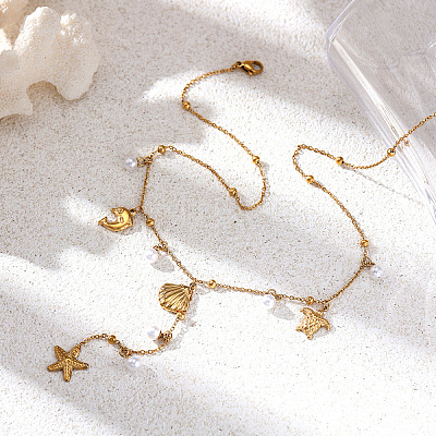 Ocean 304 Stainless Steel Imitation Pearl Long Tassel Pendant Necklaces for Women WGE0621-01-1