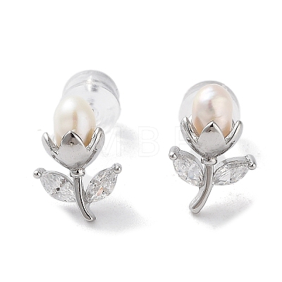 Natural Pearl and Cubic Zirconia Stud Earrings for Women EJEW-C083-05P-1