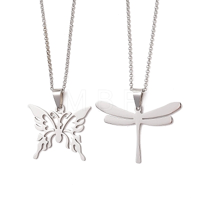 2Pcs 2 Styles 201 Stainless Steel Butterfly & Dragonfly Pendant 304 Stainless Steel Pea Chain Necklaces for Women NJEW-JN05998-1