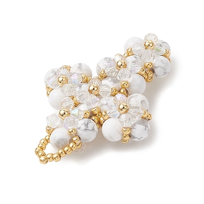Natural Howlite Round Beads & Glass Seed Beaded Cross Pendants PALLOY-MZ01151-03-1