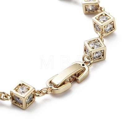 Cube Brass Link Chain Bracelet with Clear Cubic Zirconia BJEW-G690-01G-1