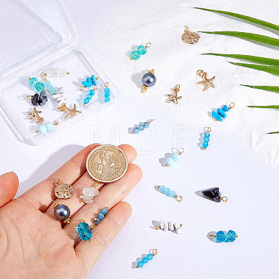 30Pcs 15 Styles Glass & Natural Snowflake Obsidian & Natural Magnesite & Synthetical Howlite & Natural White Jade & Alloy Pendants PALLOY-FH00198-1