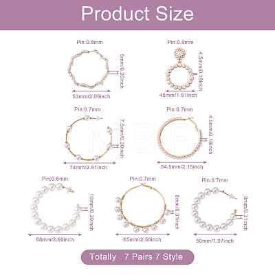 Kissitty 7 Pairs 7 Style Resin Pearl Beaded C-shape & Ring Dangle Stud Earrings FIND-KS0001-16-1