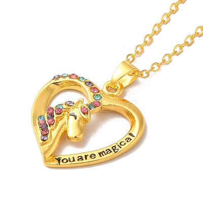Colorful Rhinestone Heart with Unicorn Pandant Necklace with Cable Chains NJEW-K246-01G-1