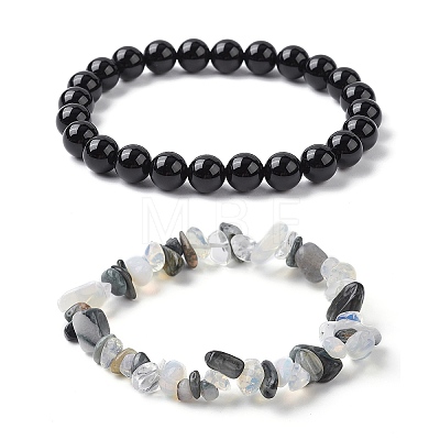 2Pcs 2 Style Opalite Chip & Natural Tiger Eye & Natural Black Onyx Beaded Stretch Bracelets Set BJEW-TA00411-1