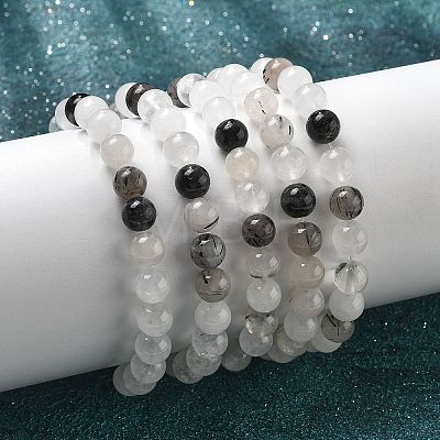 Natural Tourmalinated Quartz/Black Rutilated Quartz Stretch Beaded Bracelets G-A185-01J-1