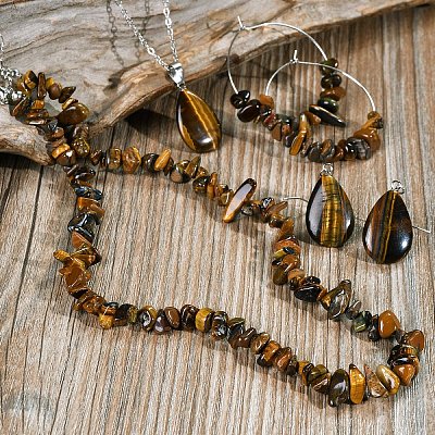 Bohemian Style Natural Tiger Eye Teardrop Pendant Necklaces & Chip Beaded Necklaces & Hoop Earrings & Dangle Earrings Sets WG11994-02-1