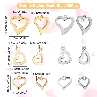 120Pcs 6 Style Stainless Steel Open Heart Charms STAS-SC0003-97-1