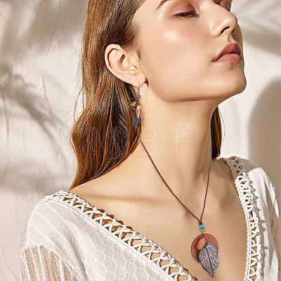 Bohemian Style Leaf Alloy & Wood Pendant Necklaces & Dangle Earrings Sets SJEW-CL0001-03-1
