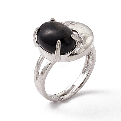 Gemstone Oval with Crescent Adjustable Ring RJEW-P041-02P-1