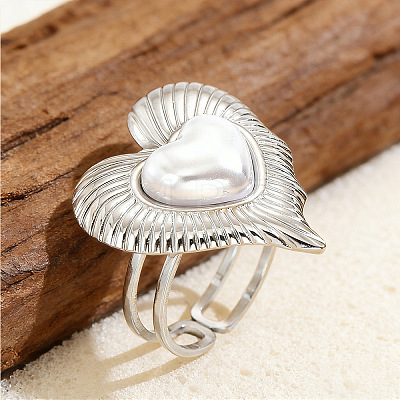 304 Stainless Steel Pave Imitation Pearl Cuff Open Rings RJEW-T037-04P-1