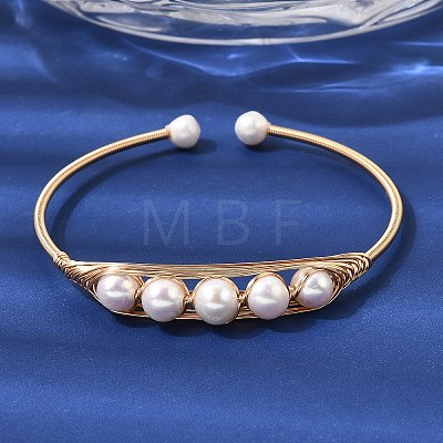 Brass Wire Wrapped Natural Pearl Open Cuff Bangles for Women BJEW-D453-03G-1