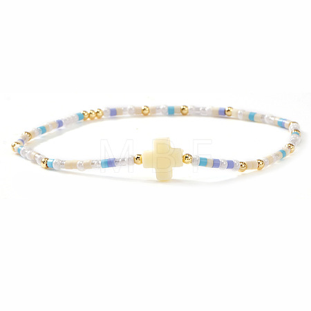 Bohemian Cross Charm Glass Seed Bead & Brass Beads Stretch Bracelet for Women SA4132-12-1