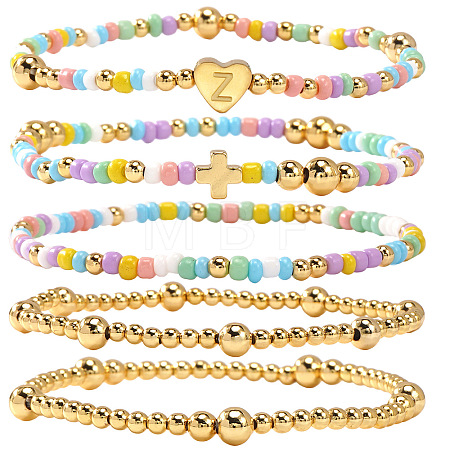 Summer Stainless Steel Heart Alphabet Colorful Glass Seed Beaded Stretch Bracelet Sets JV8929-26-1