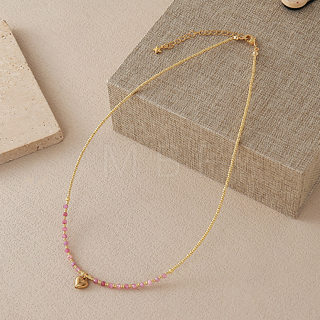 Stainless Steel Heart Pendant Faceted Round Natural Strawberry Quartz with Miyuki Beaded Necklaces LS-UF0843-8-1