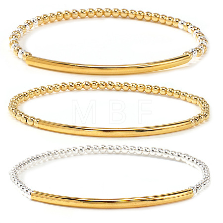 3Pcs 3 Styles Luxury Round Brass Beads & Curved Tube Stretch Bracelets for Women CV0826-1-1