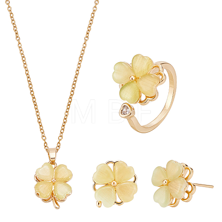 Brass Cat Eye Rotatable Clover Stud Earrings & Cuff Ring Ring & Titanium Steel Pendant Necklace SJEW-UN0001-25-1