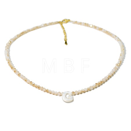Natural White Shell Letter Faceted Glass Beaded Necklaces with 304 Stainless Steel End Chains SS7282-6-1