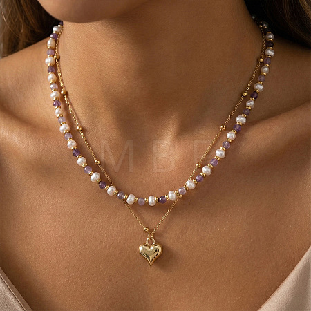 304 Stainless Steel Heart Pendant White Faux Pearl and Natural Amethyst Faceted Round Beaded Double Layer Necklaces for Women JN5423-1-1