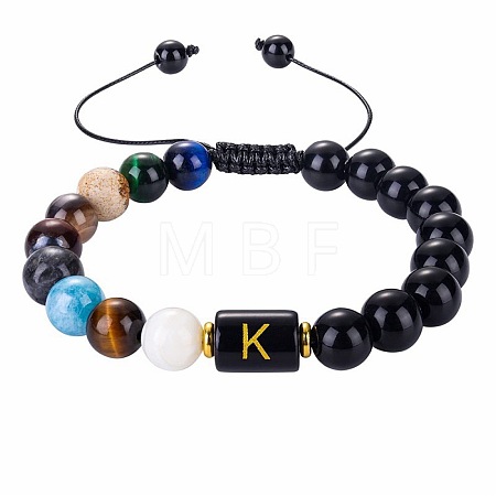 10MM Natural Black Obsidian Alphabet Beaded Braided Bracelets LS-TO2319-11-1