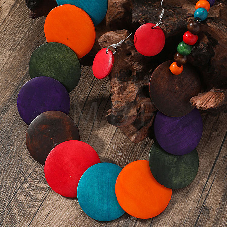 Bohemian Ethnic Style Wood Beaded Multilayer Necklaces & Dangle Earrings Sets WG82ABA-07-1