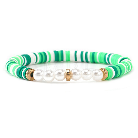 Polymer Clay Heishi Beaded Stretch Bracelets with Brass and Shell Pearl Beads for Daily Wear and Casual Style JO6865-6-1