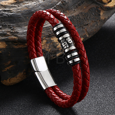 Stainless Steel Skull Beaded Leather Double Layer Multi-strand Bracelet SKUL-PW0004-26C-02-1
