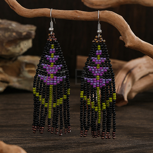 Bohemian Style Floral Glass Bead Tassel Dangle Earrings for Women AQ3519-3-1