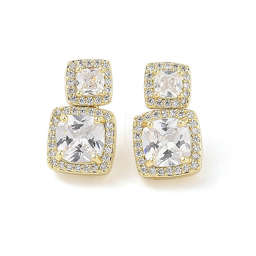 Square Brass Pave Clear Cubic Zirconia Stud Earrings with Glass for Women EJEW-L285-003G-1