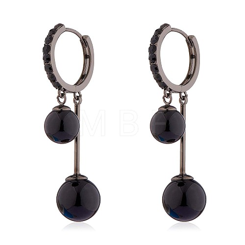 Black Cubic Zirconia Double Ball Dangle Hoop Earrings JE1026A-1