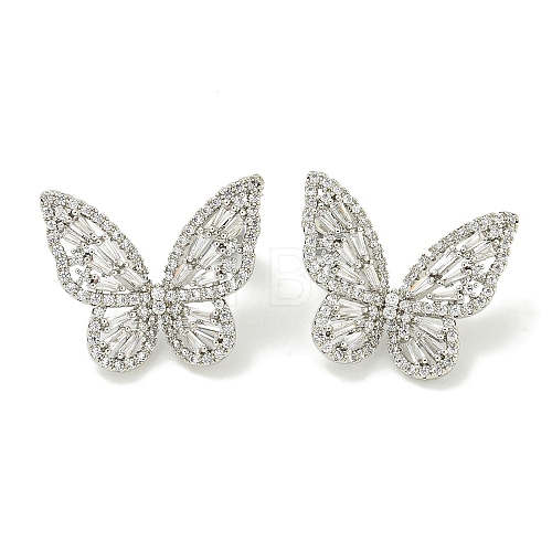 Rack Plating Butterfly Brass Micro Pave Clear Cubic Zirconia Stud Earrings EJEW-H014-09P-1