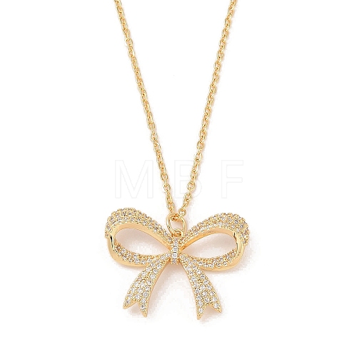 Brass Micro Pave Clear Cubic Zirconia Bowknot Pendant Necklaces for Women NJEW-S432-03G-1