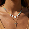 Summer Beach Rainbow Natural Mixed Stone and White Shell Heart Beaded Double Layer Necklaces with Stainless Steel Religion Cross Pendant EX6128-1-1