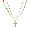 Summer Beach Rainbow Natural Mixed Stone and White Shell Heart Beaded Double Layer Necklaces with Stainless Steel Religion Cross Pendant EX6128-1-5