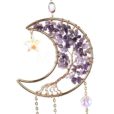 Natural Amethyst Chips Beaded Moon Hanging Sun Catchers HJEW-M004-13-1