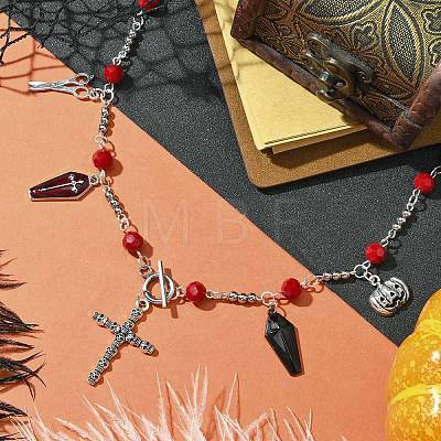 Halloween Coffin & Skull Cross & Pumpkin Alloy Pendant Necklaces NJEW-JN04993-1