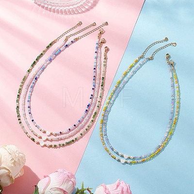 Natural Shell Heart & AB Color Plated Glass Faceted Rondelle Beaded Necklaces NJEW-JN05863-1
