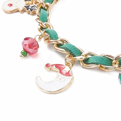 Christmas Candy Cane & Reindeer & Moon Alloy Charm Bracelet with Glass Beads BJEW-TA00090-01-1