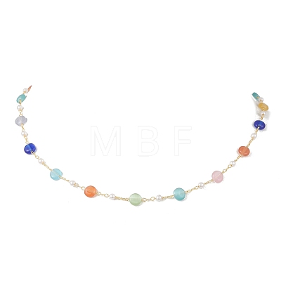 Colorful Flat Round Cat Eye & Plastic Imitation Pearl Brass Handmade Link Chain Necklaces for Women NJEW-JN05743-1