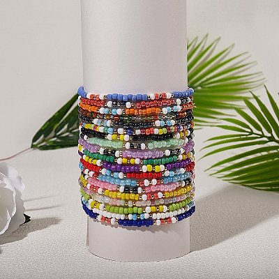 Candy Color Glass Seed Beads Stretch Anklets Set for Girl Women AJEW-SW00003-1