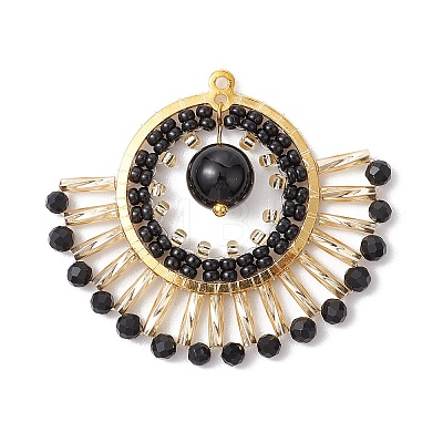 Natural Black Onyx(Dyed & Heated) & Glass Seed Beads Fan Pendants PALLOY-MZ00308-01-1