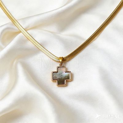 Natural Black Lip Shell Brass Religion Cross Pendant 304 Stainless Steel Flat Snake Chain Necklaces for Unisex WGD3FF7-02-1