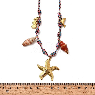Summer Beach 304 Stainless Steel & Electroplated Natural Shell Pendant Adjustable Polyester Cord Necklaces for Women NJEW-F348-01C-G-1